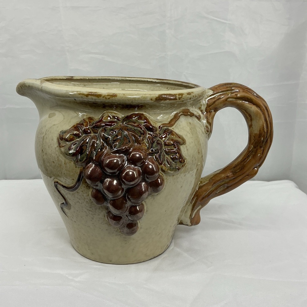 Vintage Pottery Pitcher With Raised Grapevine Design – Rustic Pottery Pitcher‎